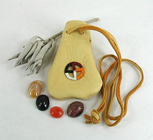 Medicine bag with Lakota quill medicine wheel gemstones and sage