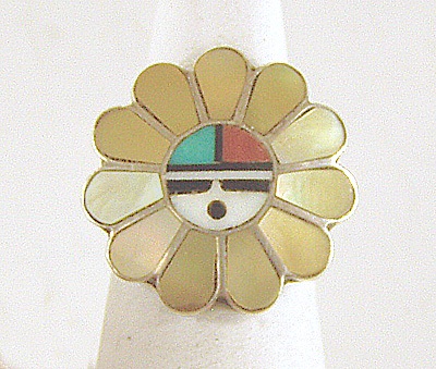  vintage sterling silver and stone inlay Sunface ring size 6