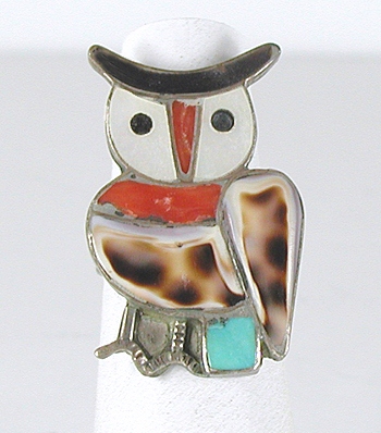 vintage sterling silver Inlay Owl ring size 7 1/2 by Zuni artists Velma & Blake Lesansee