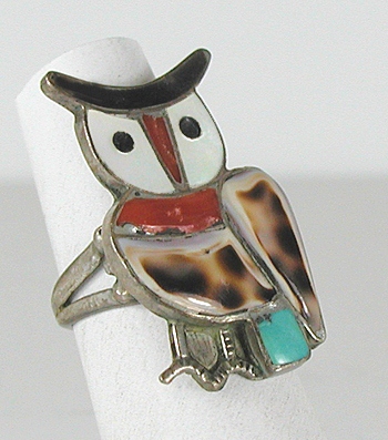 vintage sterling silver Inlay Owl ring size 7 1/2 by Zuni artists Velma & Blake Lesansee