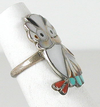vintage sterling silver Inlay Owl ring size 7 by Zuni artist Snowa Esalion