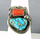 sterling silver Turquoise and Coral Ring size 11 1/4 by Navajo artisan Clayton Tom