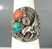 sterling silver Turquoise and Coral Eagle Ring size 10 1/4