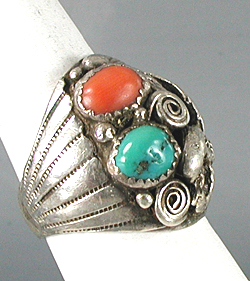 sterling silver Turquoise and Coral Eagle Ring size 10 1/4