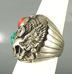 sterling silver Turquoise and Coral Eagle Ring size 10 1/4