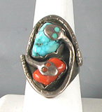 Authentic Native American sterling silver turquoise and coral snake Ring size 11 1/4 by Zuni artisan Gilbert Calavaza