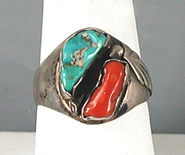 Authentic Native American sterling silver Turquoise and Coral Ring size 11 3/4 by Zuni artisans Ray and Rosemary Nieto