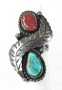 sterling silver Turquoise and Coral Ring size 5 1/4