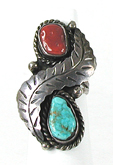 sterling silver Turquoise and Coral Ring size 5 1/4