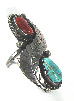 sterling silver Turquoise and Coral Ring size 5 1/4