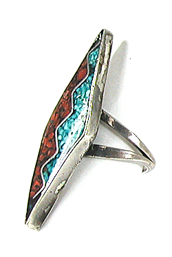 sterling silver Turquoise and Coral Chip Inlay Ring size 5