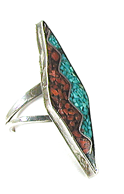 sterling silver Turquoise and Coral Chip Inlay Ring size 5