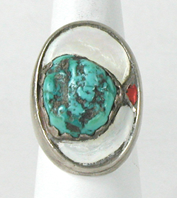 sterling silver Turquoise Ring with mother of pearl and coral size 8 3/4