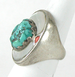 sterling silver Turquoise Ring with mother of pearl and coral size 8 3/4