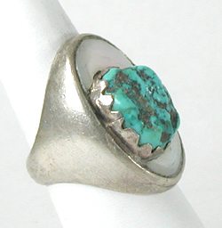 sterling silver Turquoise Ring with mother of pearl and coral size 8 3/4