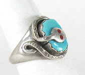 Authentic Native American Sterling Silver snake ring with turquoise and coral by Zuni artisans Randy and Joy Calavaza