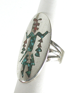 authentic Native American sterling silver turquoise and coral Chip Inlay Yei Ring size 7 1/2 by Navajo silversmith Jackie Singer