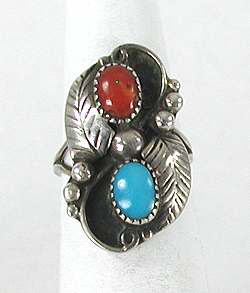 sterling silver Coral and Turquoise Ring size 6 1/4