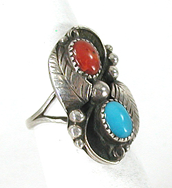 sterling silver Coral and Turquoise Ring size 6 1/4