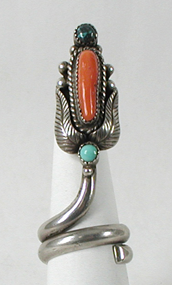authentic Native American sterling silver Coral and Turquoise Ring size 10 3/4 by Kewa silversmith Sam Lavato
