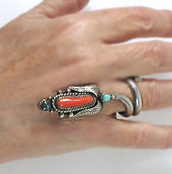 authentic Native American sterling silver Coral and Turquoise Ring size 10 3/4 by Kewa silversmith Sam Lavato