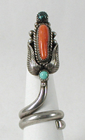 authentic Native American sterling silver Coral and Turquoise Ring size 10 3/4 by Kewa silversmith Sam Lavato