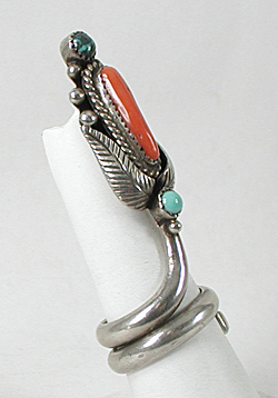 authentic Native American sterling silver Coral and Turquoise Ring size 10 3/4 by Kewa silversmith Sam Lavato