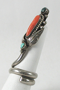 authentic Native American sterling silver Coral and Turquoise Ring size 10 3/4 by Kewa silversmith Sam Lavato