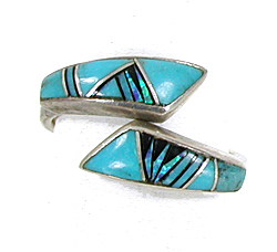 sterling silver wing wrap ring size 8 1/4 inlay with turquoise, opal and jet